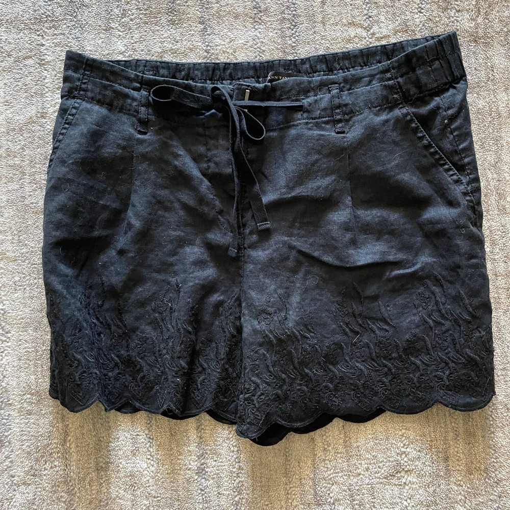 Ann Taylor Black Linen Lace Drawstring Scalloped Short 6